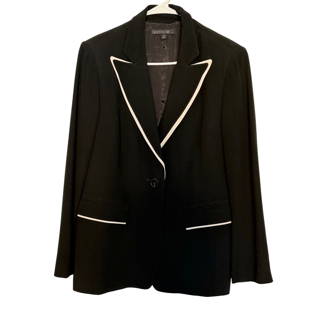 LAFAYETTE 148 NEW YORK Black Blazer Jacket Womens‎ Sz 8 White Trim Single Button